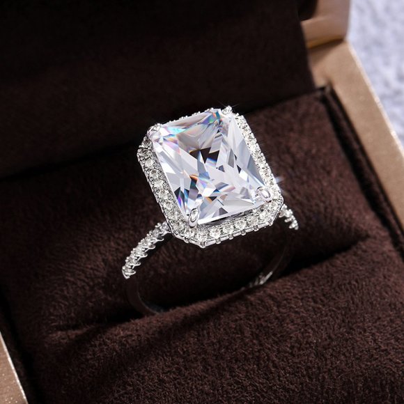 NEW Silver Radiant Cut Diamond Halo Engagement Ring - Picture 8 of 13